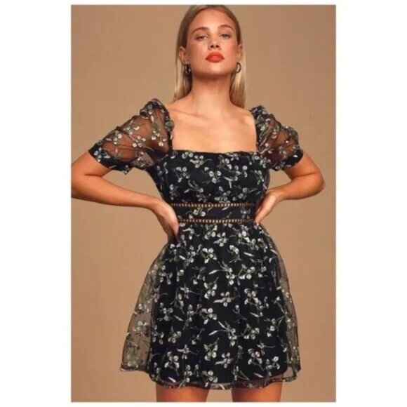 Lulus Dresses & Skirts - Lulu's Radiant Love Black Floral Embroidered Short Sleeve Skater Dress NWT